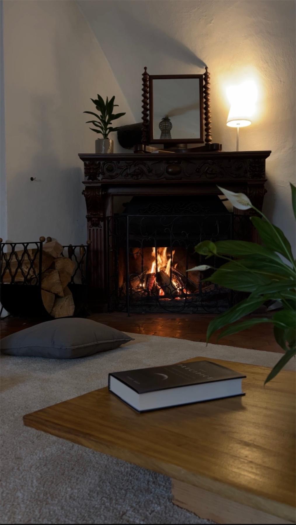 A fire lit in the hearth